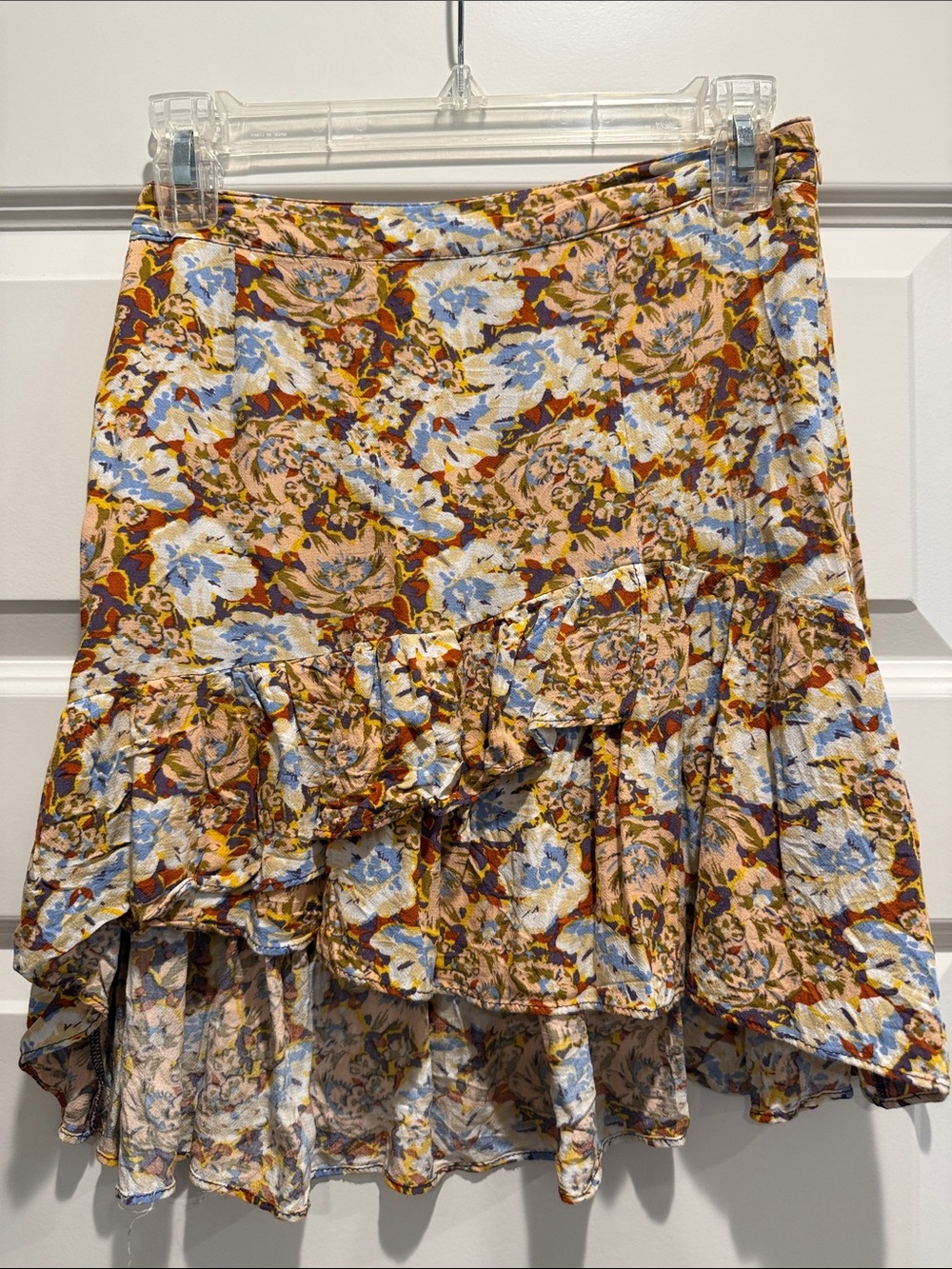 Free People Tiered Ruffle High-Low Floral Skirt - Beige Blue Brown